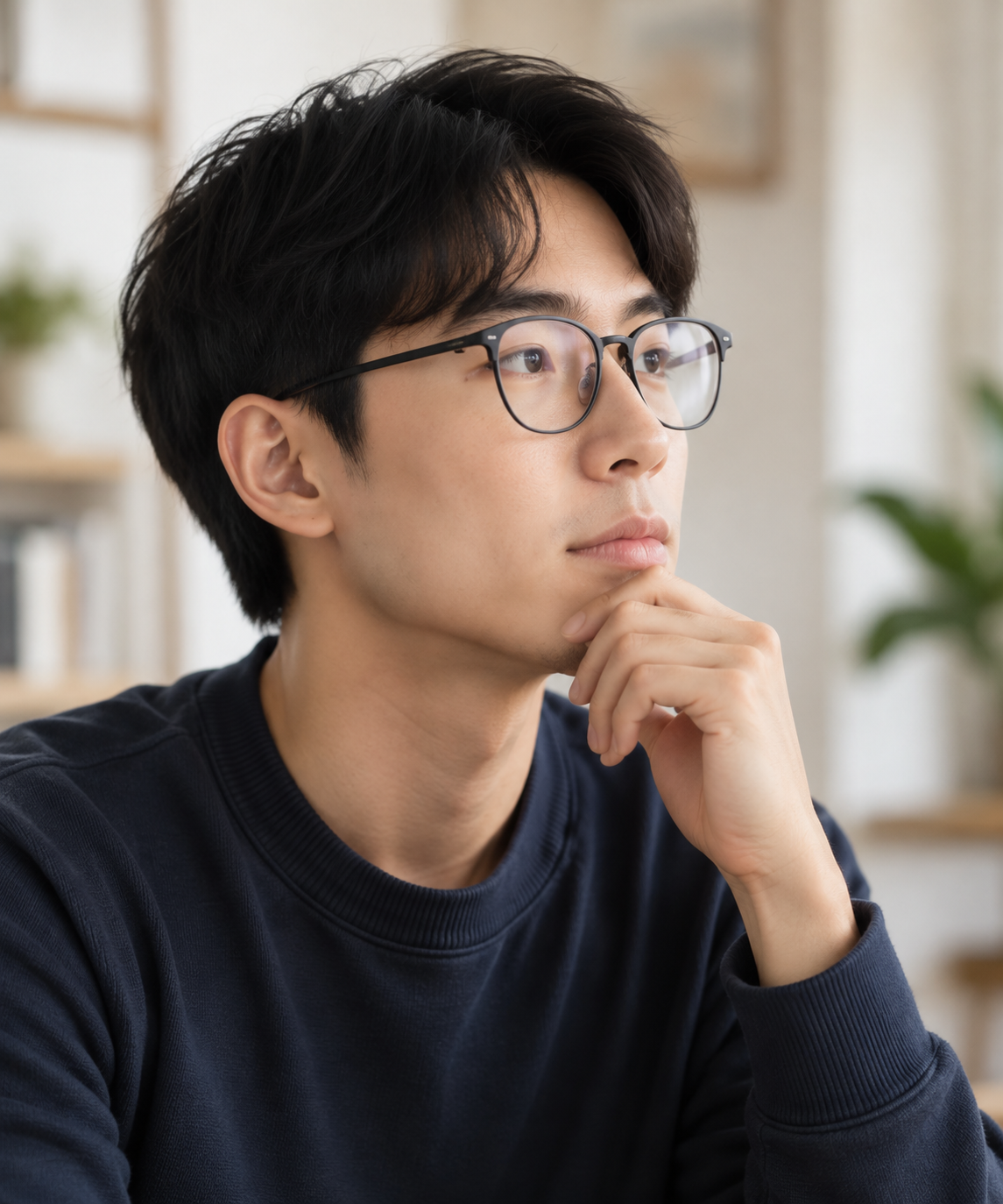 戴眼镜的年轻人思考和学习