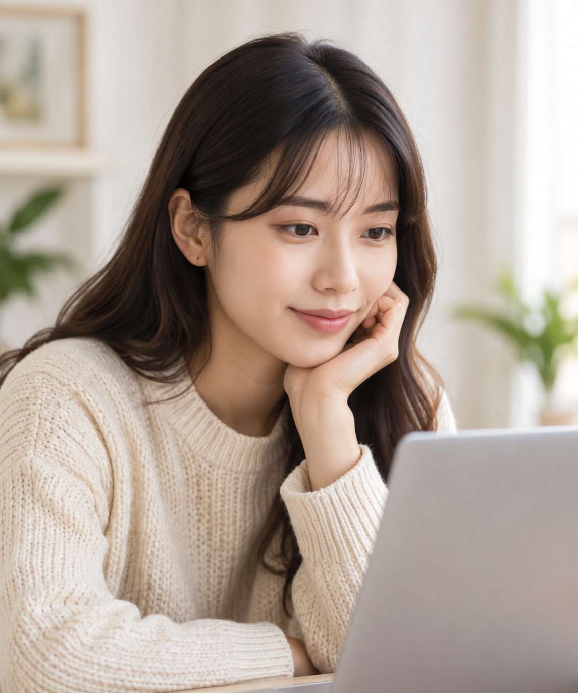女孩使用笔记本电脑学习